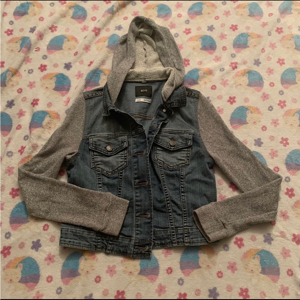 BDG UO Denim Jean Jacket with Gray Hood & Sleeves